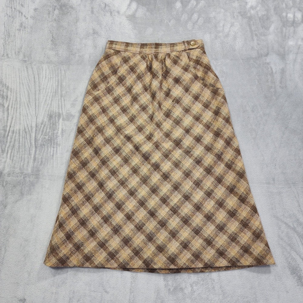 Vintage Panther Skirt Womens XS Brown Plaid Wool‎ Blend A-Line Preppy Academia